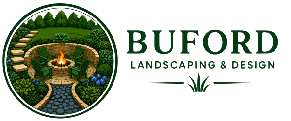 Buford Landscaping & Design Logo with illustration of a finished backyard